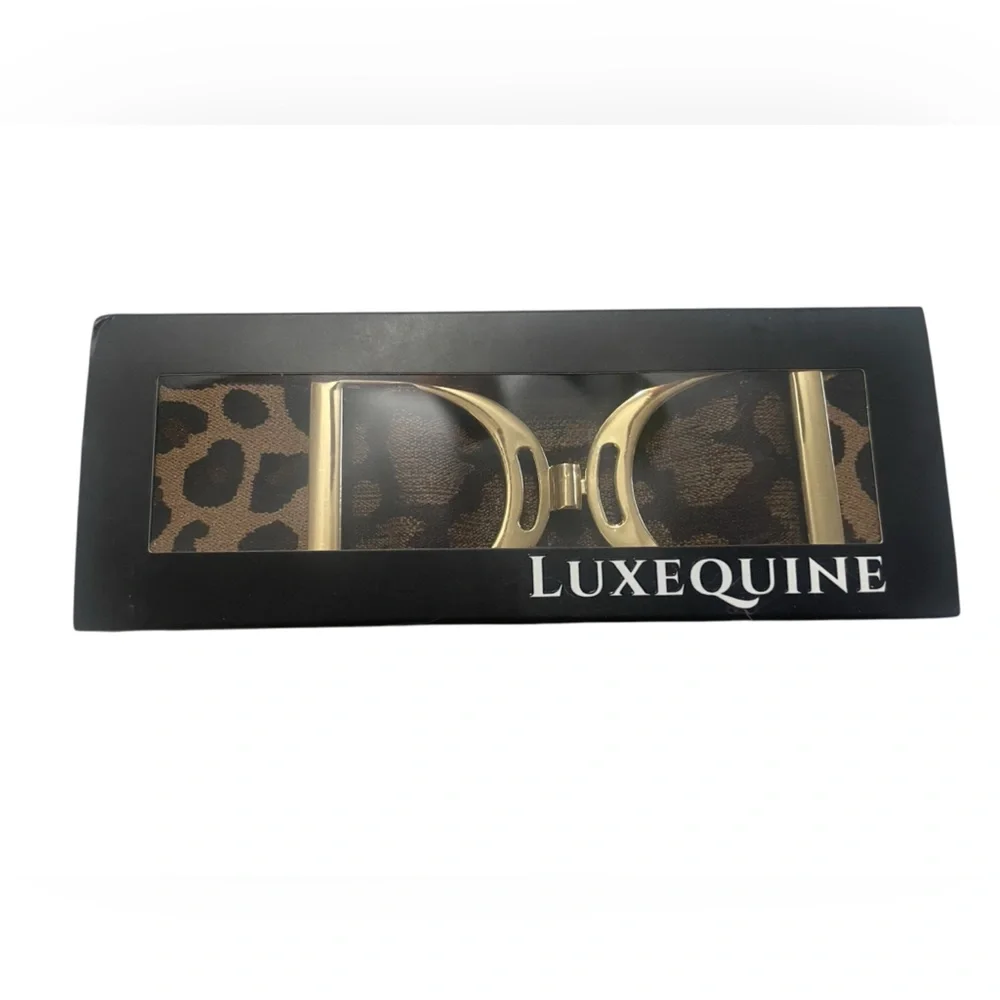 NWT Luxequine 2” Wide Tan/Black Leopard Equestrian Belt with Gold Stirrup Buckle - Picture 2 of 3